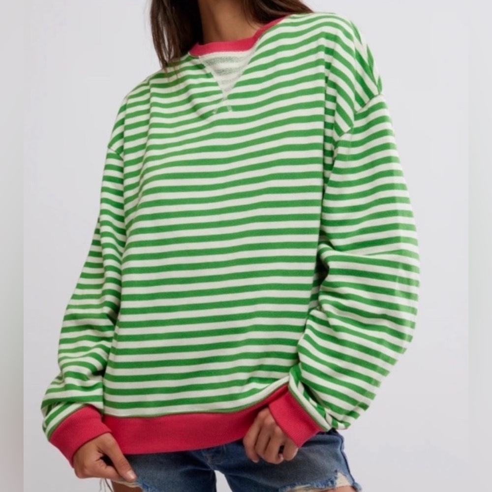 We The Free NWOT Free People Classic Striped Oversized Crewneck Green Top Size L